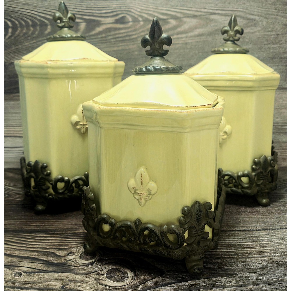 Artumino Fleur De Lis Cream Canister Set 3pc Ceramic Metal Base French Country